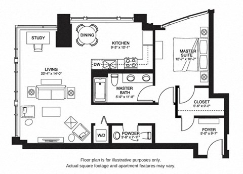 Floor plan for 1 bed, 1.5 baths, 969 sqft